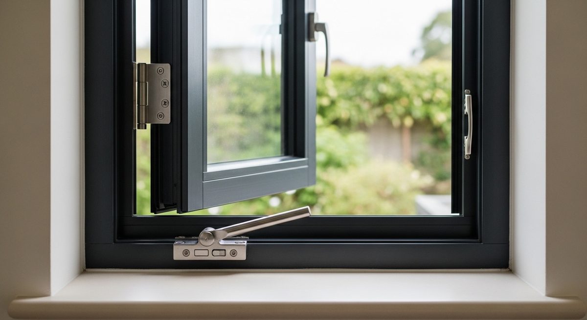 Slim dark aluminum casement window swung open on concealed hinges in a plaster reveal