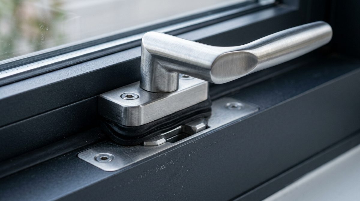 Brushed stainless handle and multipoint lock keep on a dark aluminum sash