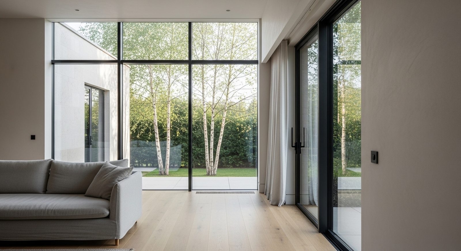 Living room behind a full height wall of slim dark aluminum framed glazing in morning light