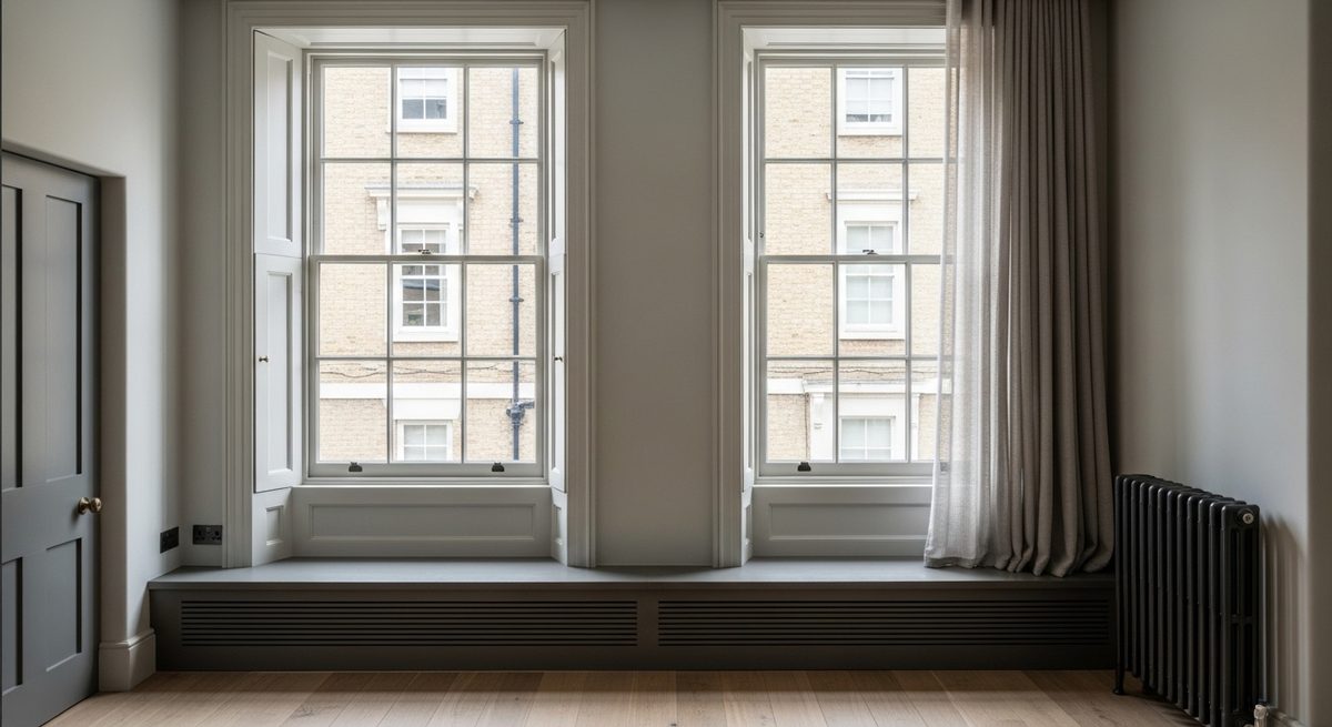 Pair of tall double-hung sash windows with slim white frames in a period room