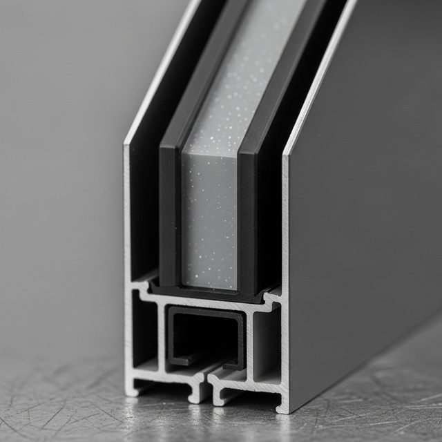 Cut corner of a thermally broken aluminum frame showing the polyamide break strip