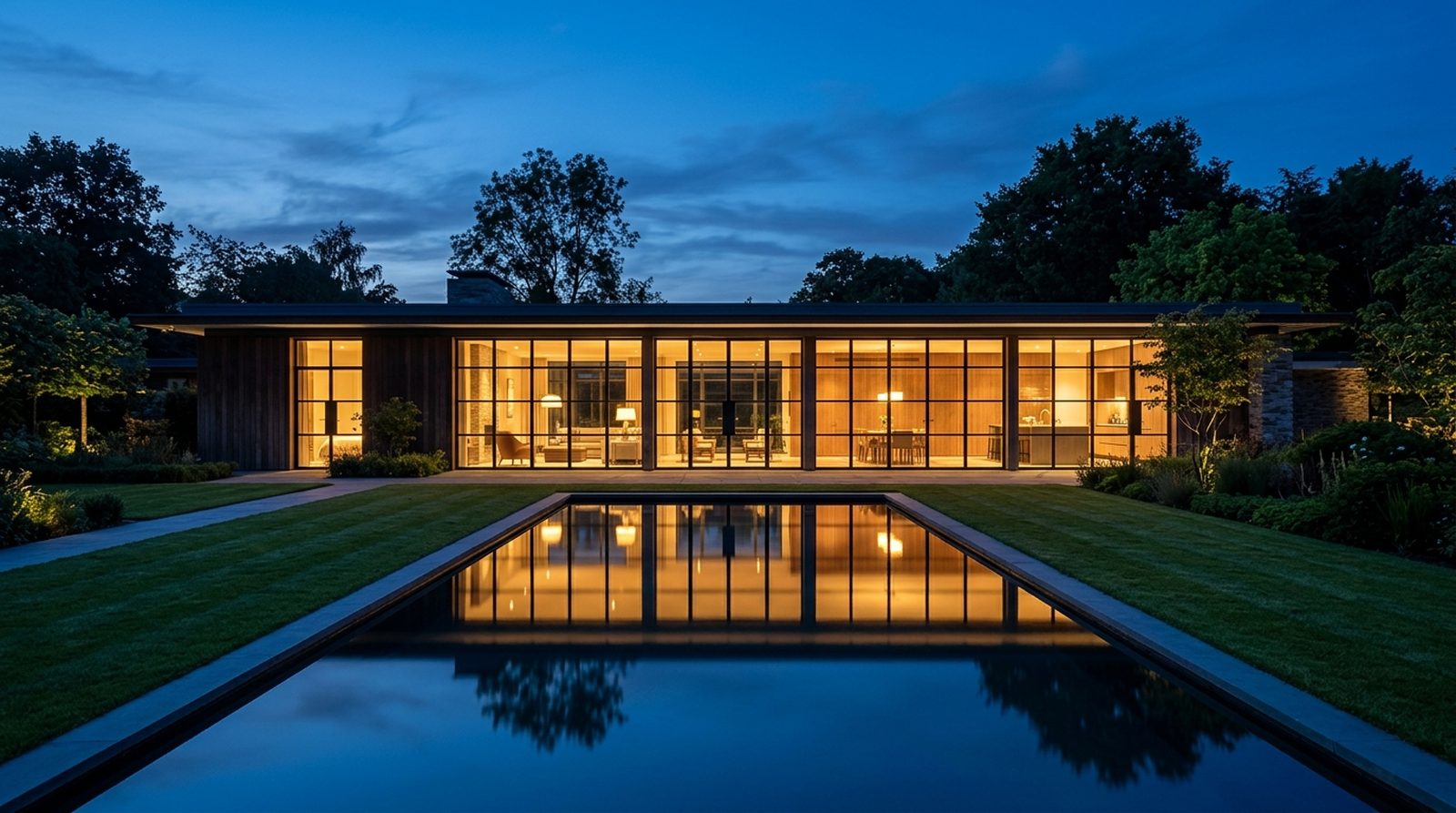 Low modern house at dusk with a long run of glazed doors glowing from inside