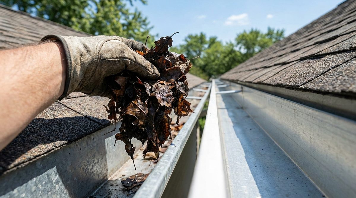 Gloved hand lifting wet leaves out of a house gutter with a cleared run beyond