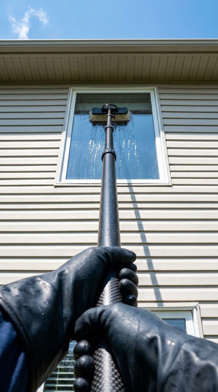 Water fed pole with a brush head cleaning a second story window from the ground