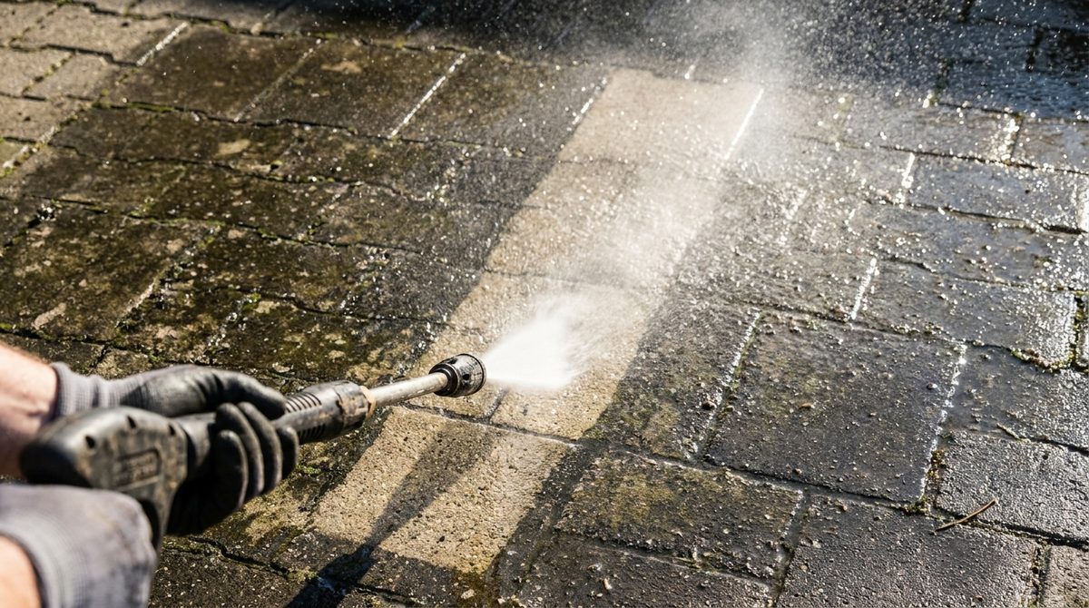 Pressure washer lance cutting a clean stripe through a grimy paver driveway