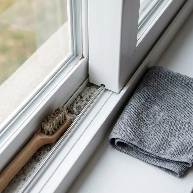 Detail brush and cloth in a window track, half of it still full of grit