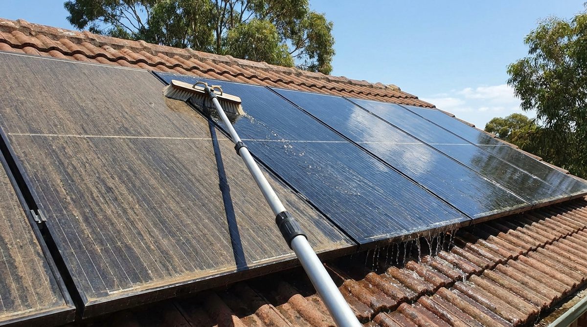 Soft brush on a pole cleaning roof mounted solar panels, half dusty and half glossy