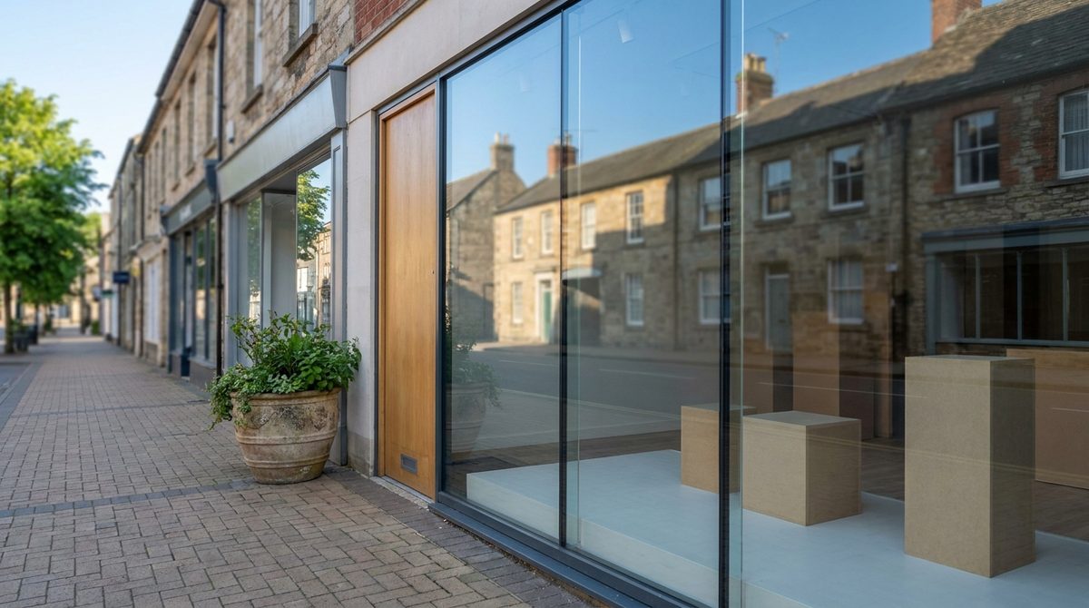Spotless plate glass shopfront on a quiet street early in the morning