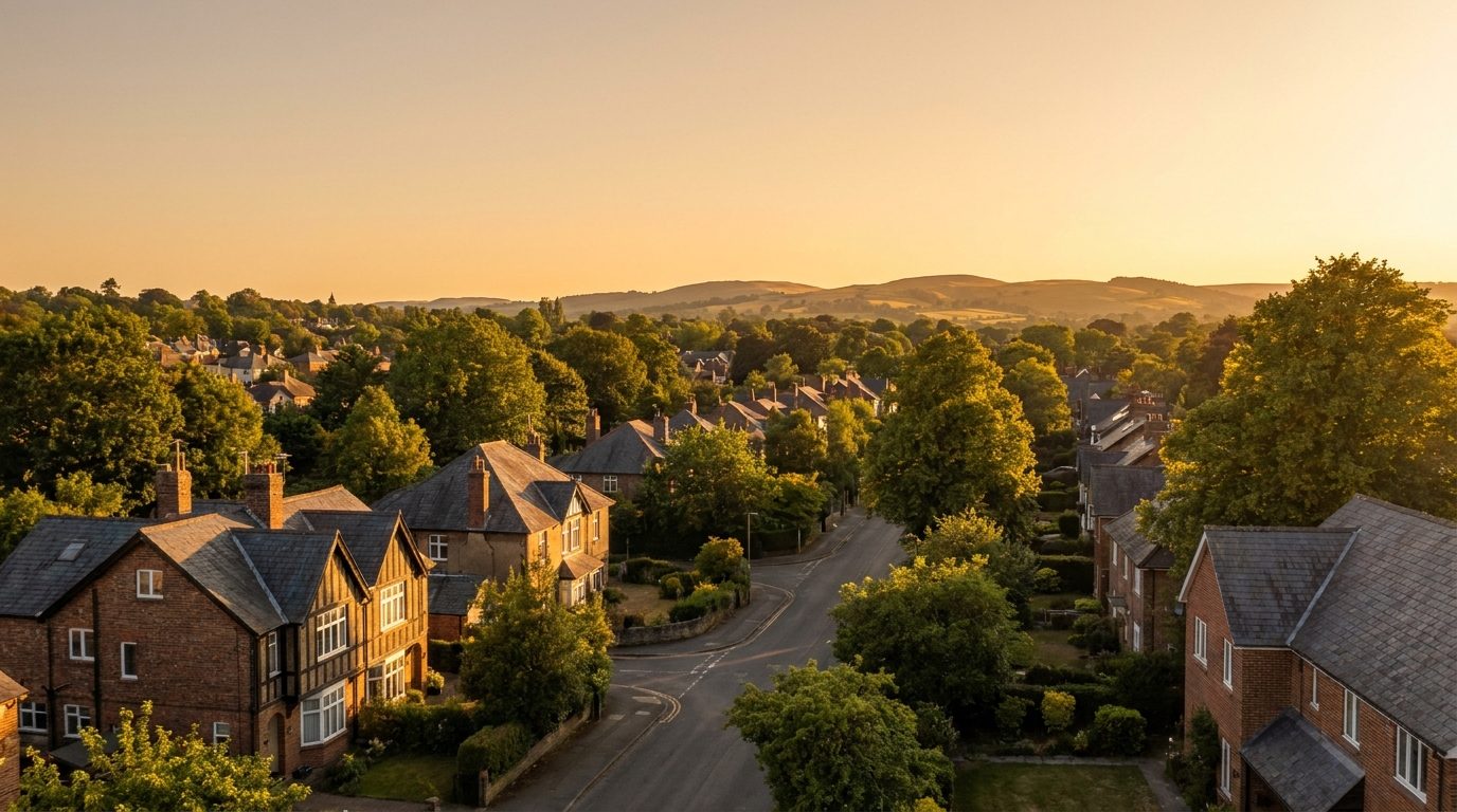 Leafy residential neighborhood at golden hour with rooftops running toward the hills