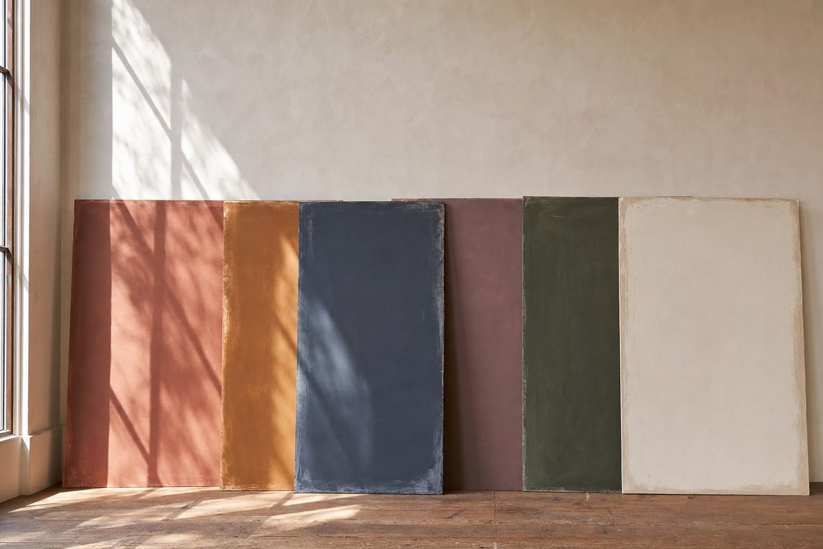 Large hand-painted color sample boards leaning against a bare plaster wall