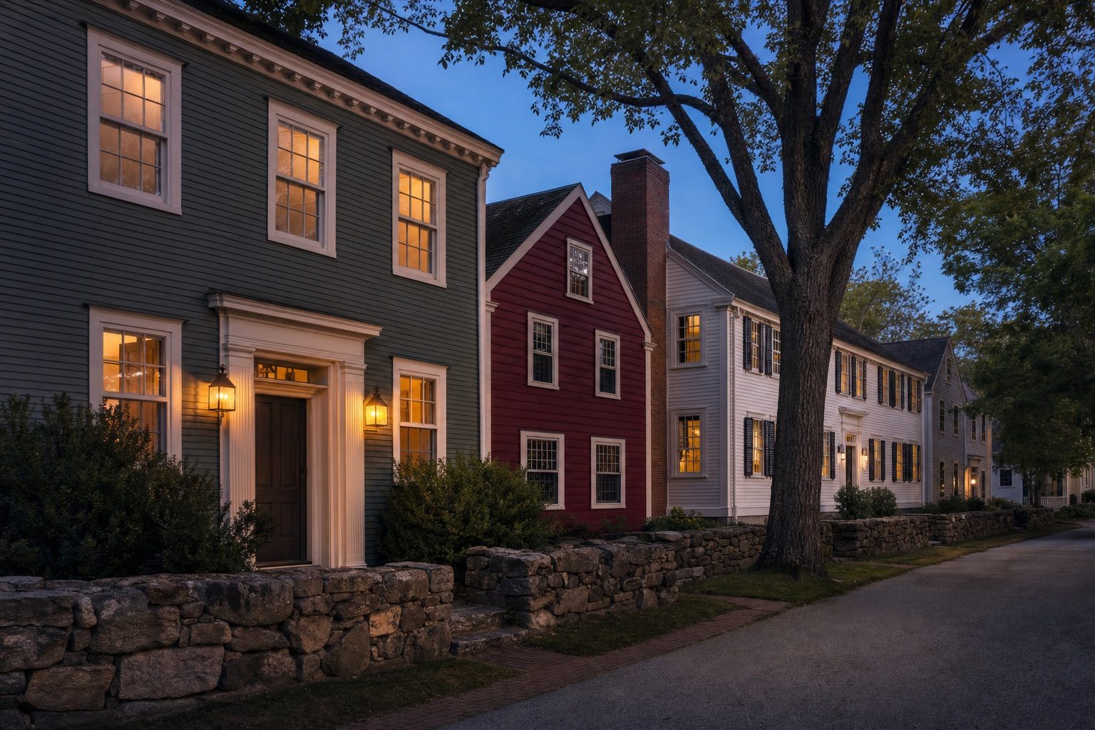 Street of painted clapboard houses at dusk with warm light in the windows