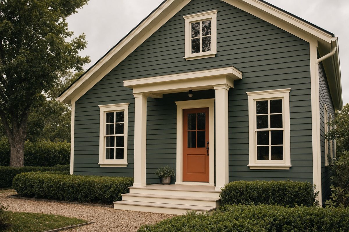 Repainted clapboard house facade with bone white casings and a clay front door