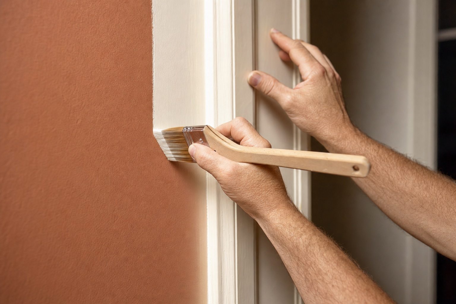 A painter cutting in a straight line with an angled sash brush