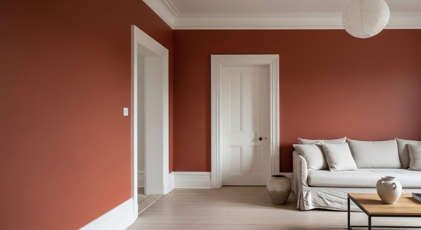 Living room with a deep clay feature wall, bone white walls and crisply painted trim
