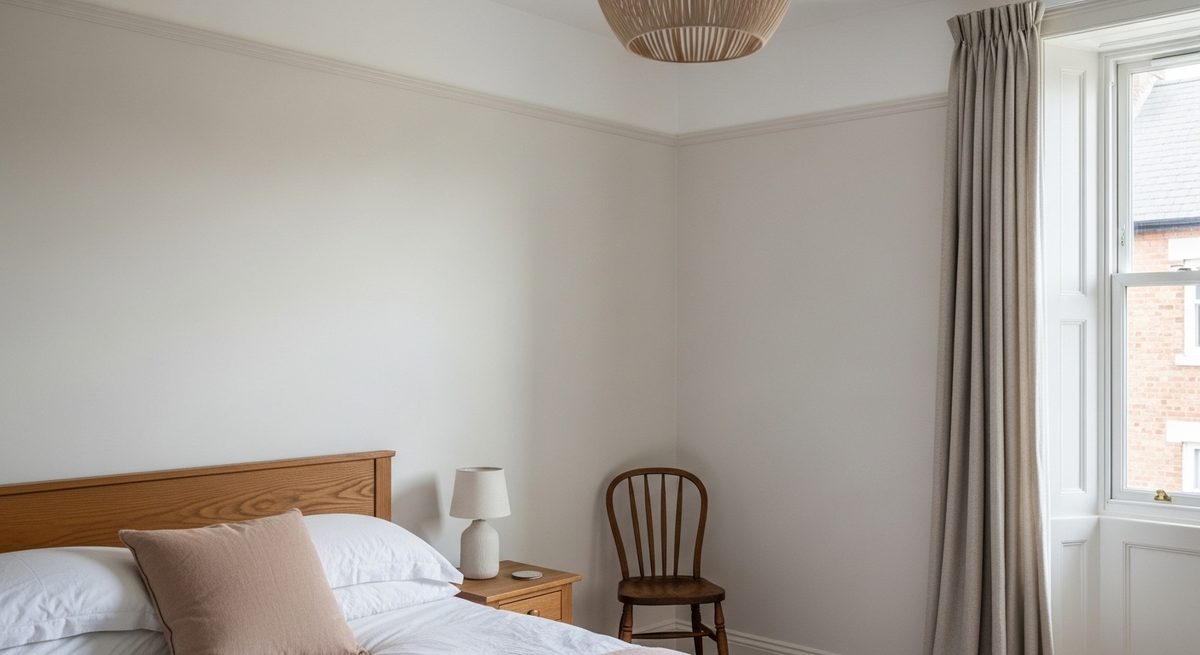 Freshly painted bedroom with a sharp cut line between wall, ceiling and trim