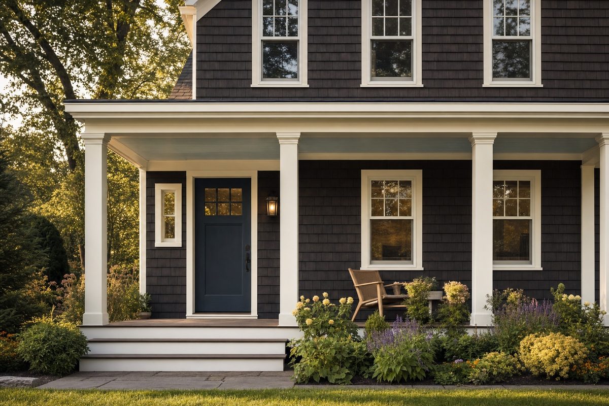 Repainted cedar shingle house front with white trim and an indigo door