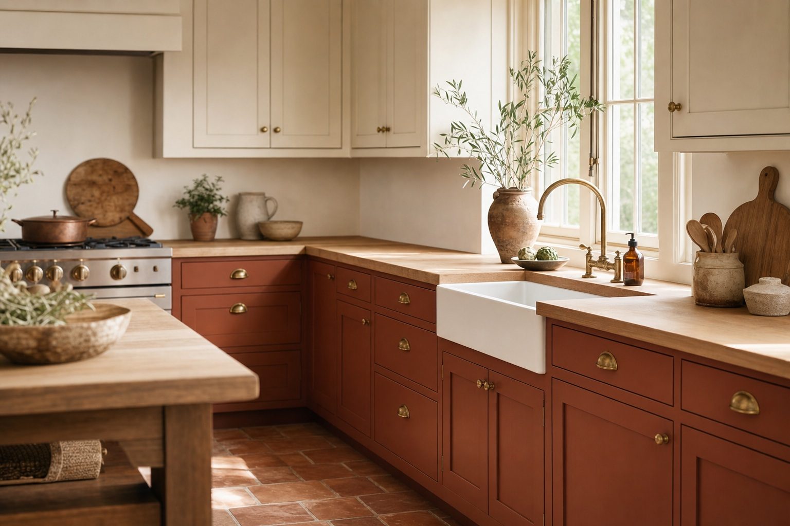 Country kitchen with cabinets refinished in deep clay and bone white uppers