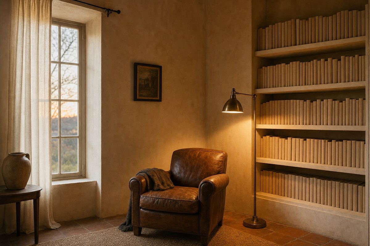 Reading room finished in warm ochre limewash with lit brass floor lamp