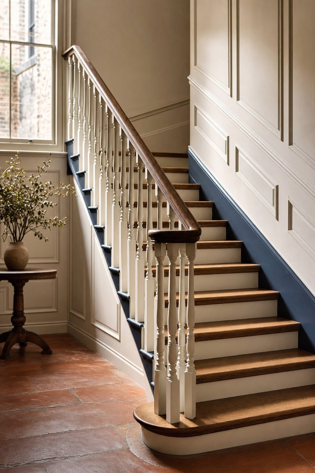 Period staircase with hand painted balusters and an indigo stringer