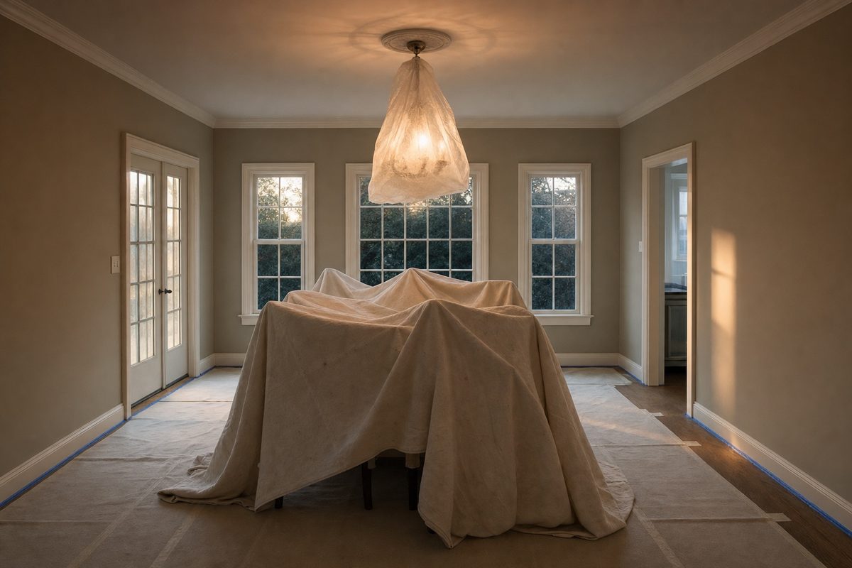 Dining room with furniture sheeted, floors covered and the site left tidy