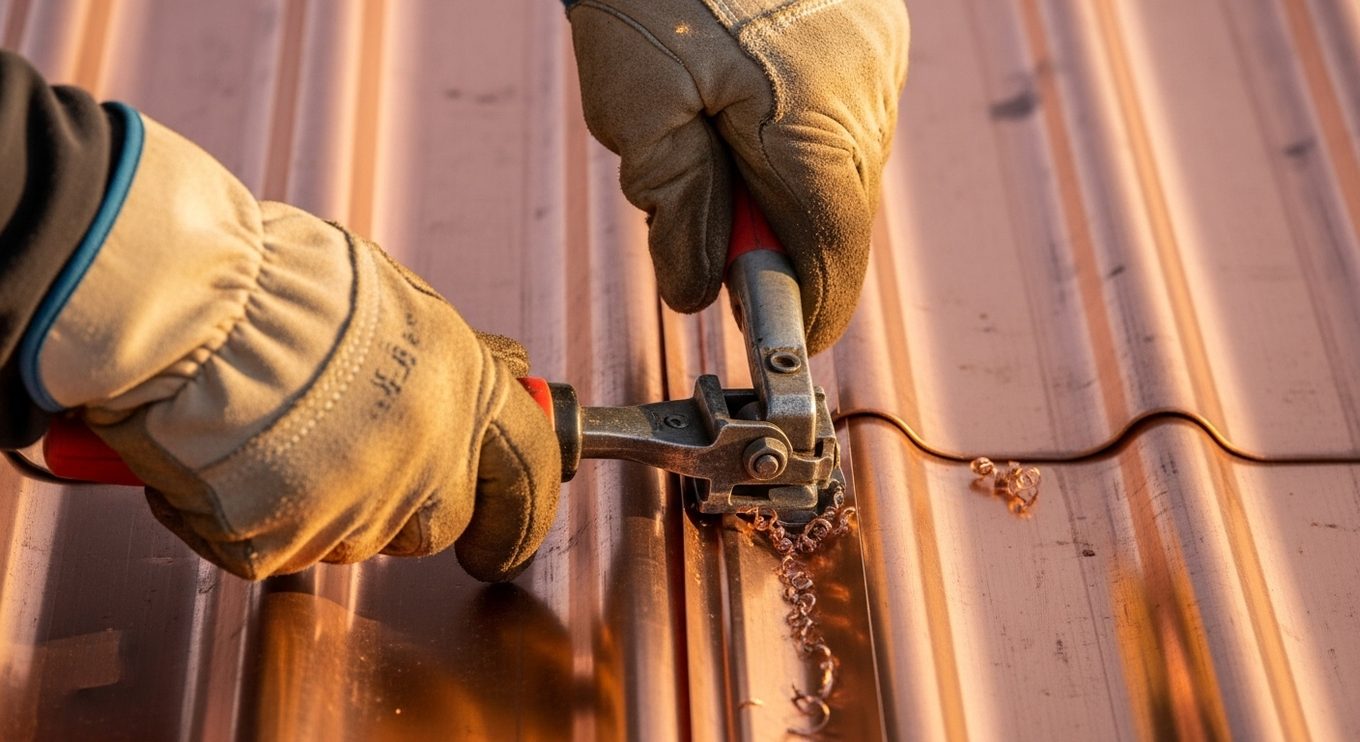 A roofer's gloved hands closing the seam on a copper standing seam panel