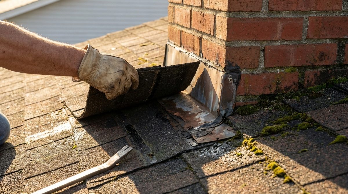 A gloved hand lifting a shingle to check step flashing behind a brick chimney