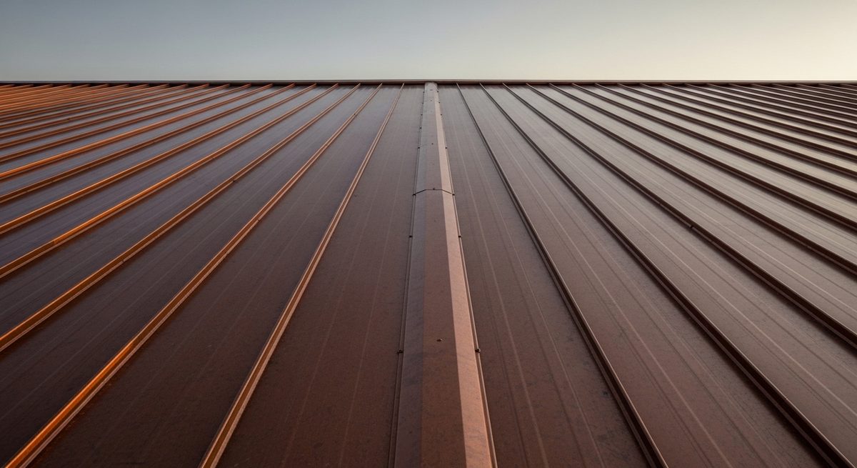 Copper standing seam roof panels running up the slope to a clean ridge cap
