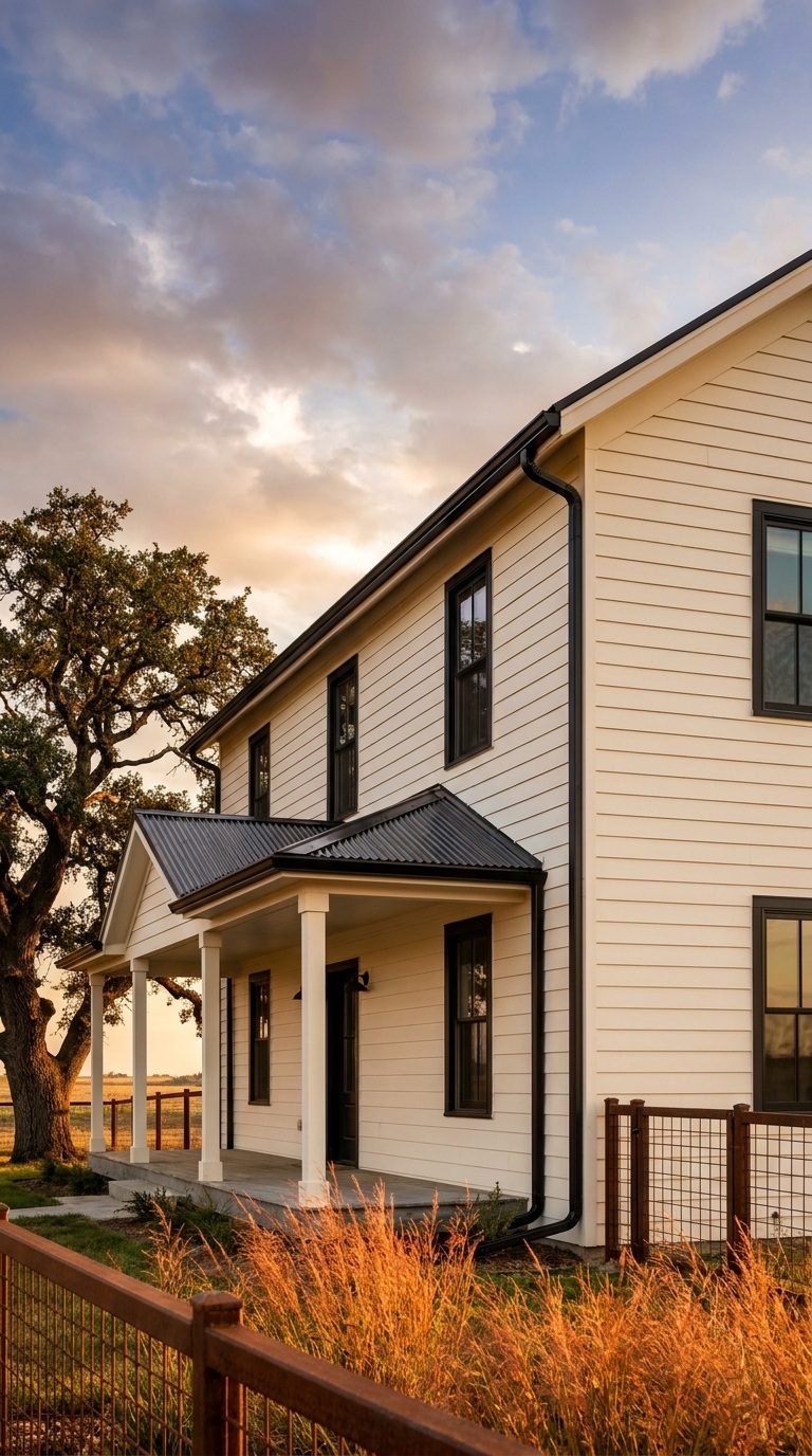 Two-story farmhouse after new fiber cement siding and seamless black gutters