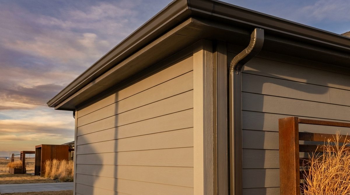 New fiber cement lap siding meeting a bronze seamless gutter and downspout at a house corner