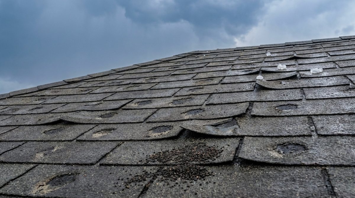 Hail bruising and wind creased tabs on an older asphalt shingle roof