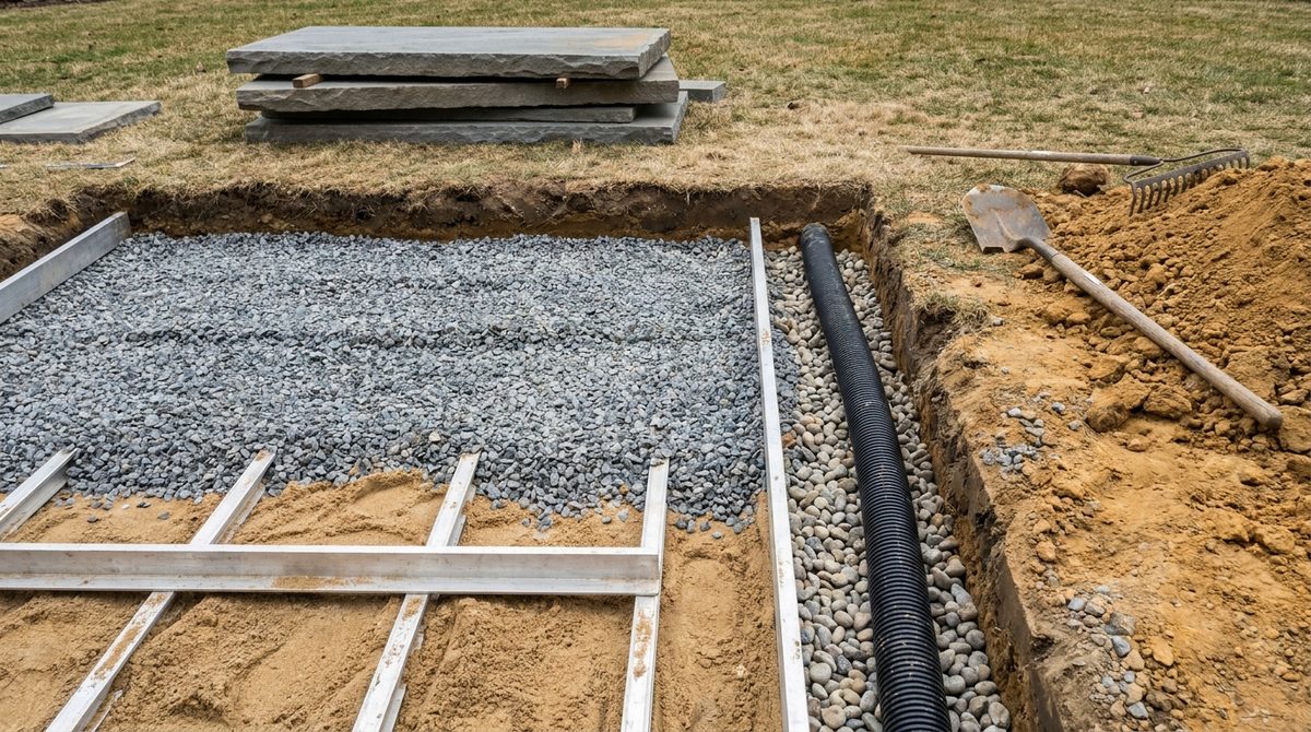Excavated patio base with compacted gravel lifts, screed rails, and a drainage trench
