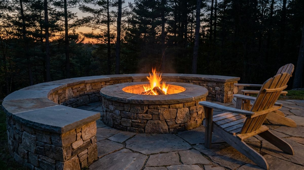 Circular stone fire pit burning low inside a curved seat wall at dusk