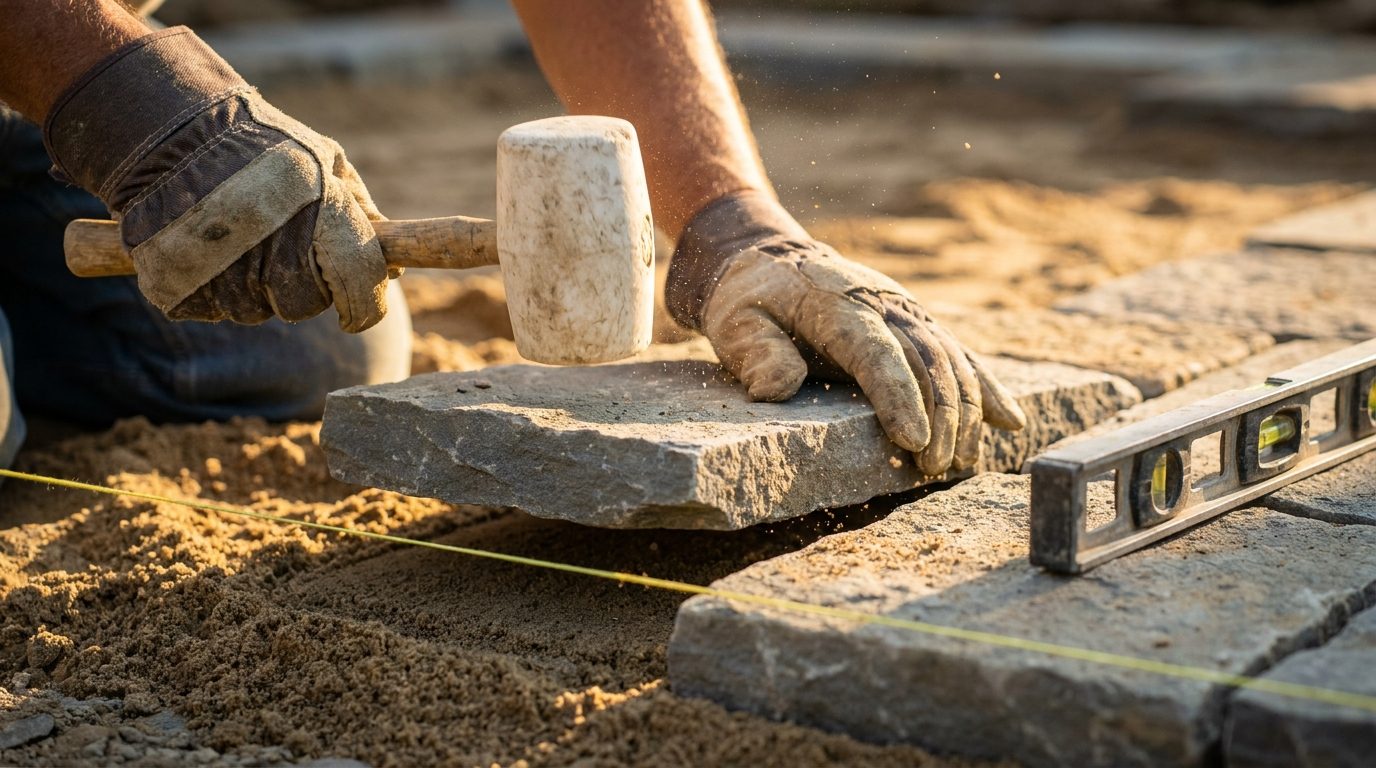 A mason's hands setting a bluestone paver into a sand bed with a rubber mallet