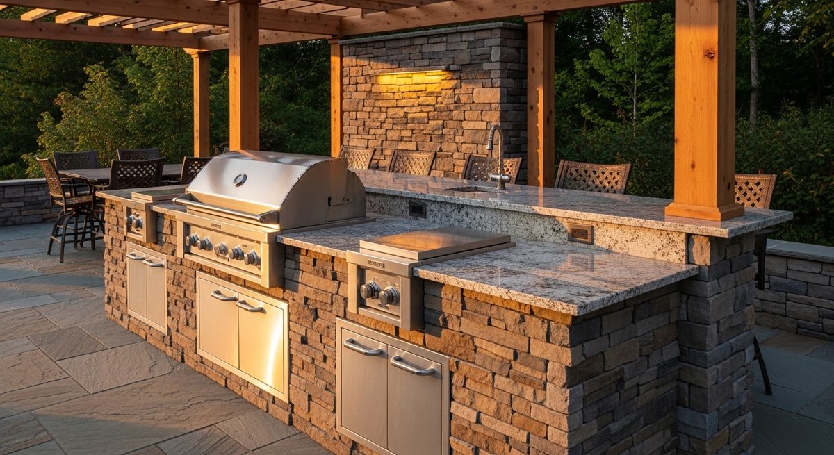 Built-in masonry outdoor kitchen with stone veneer base and granite counter