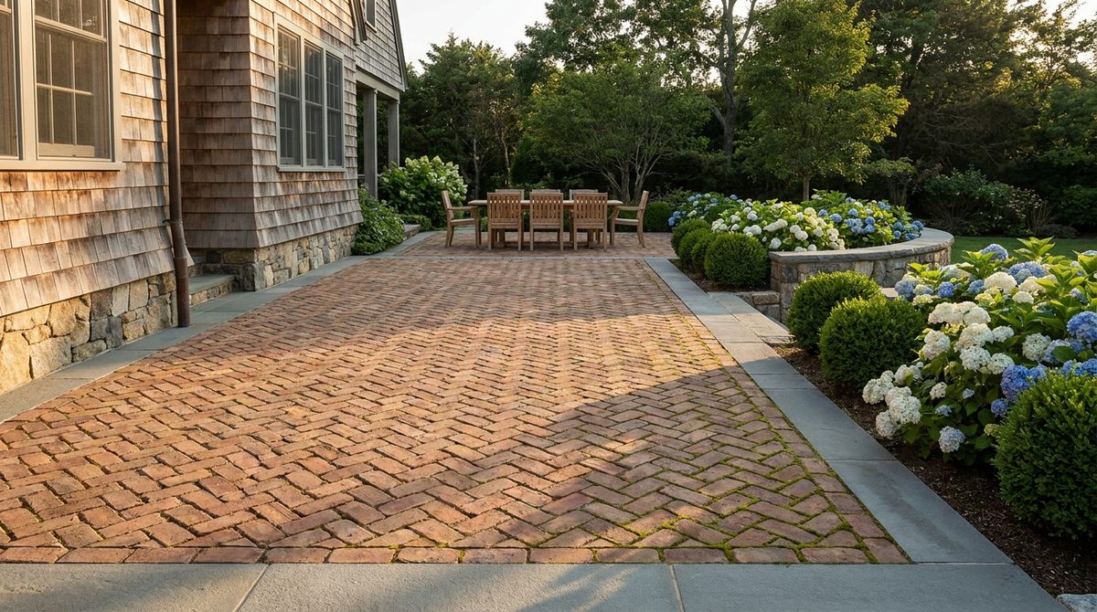 Clay paver terrace laid in herringbone with a sawn bluestone border