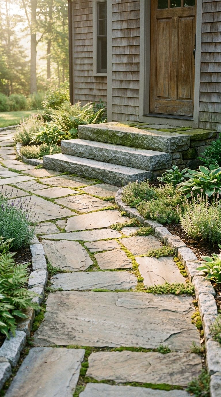 Flagstone walkway with granite slab steps rising to a house entry