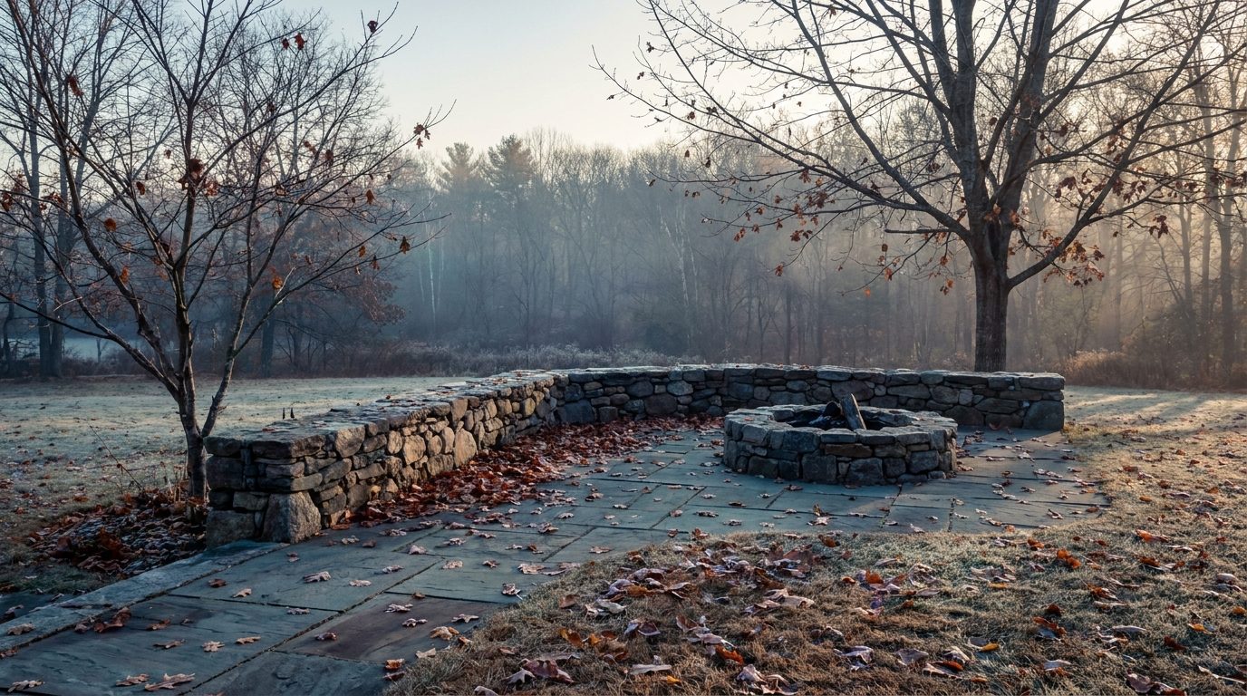 Finished stone terrace and low wall in late autumn with frost on the lawn