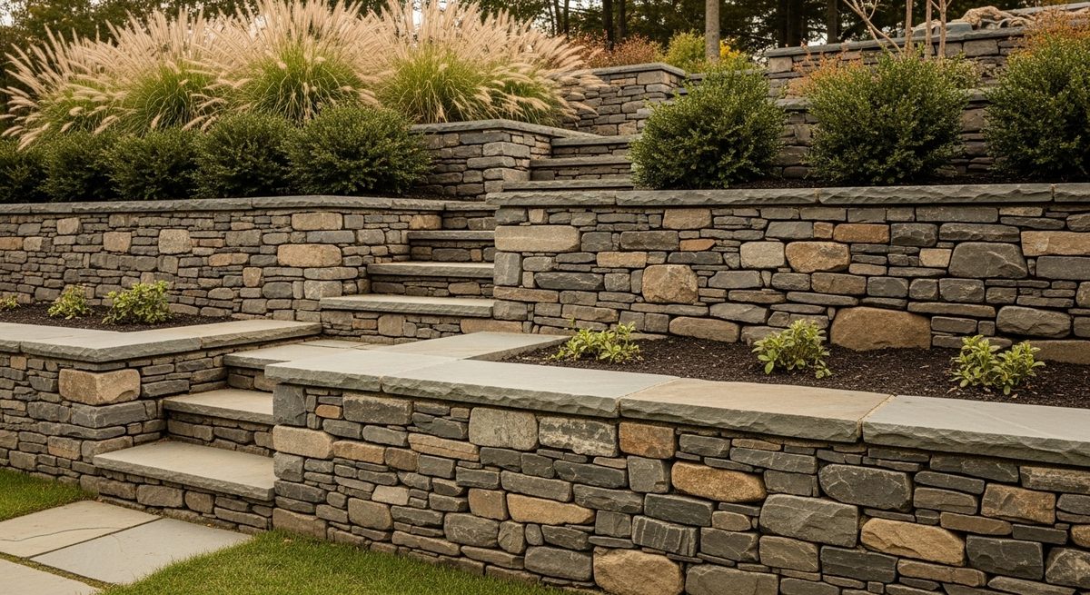 Dry stacked fieldstone retaining wall holding a terraced garden