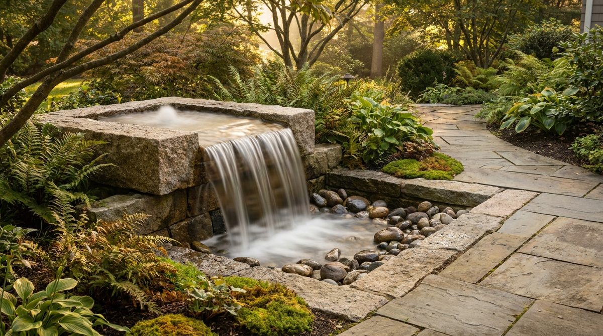 Granite spillway sheeting water into a stone basin among ferns