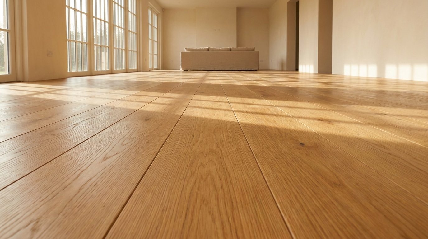 Wide plank oak floor running the length of an open room toward tall windows