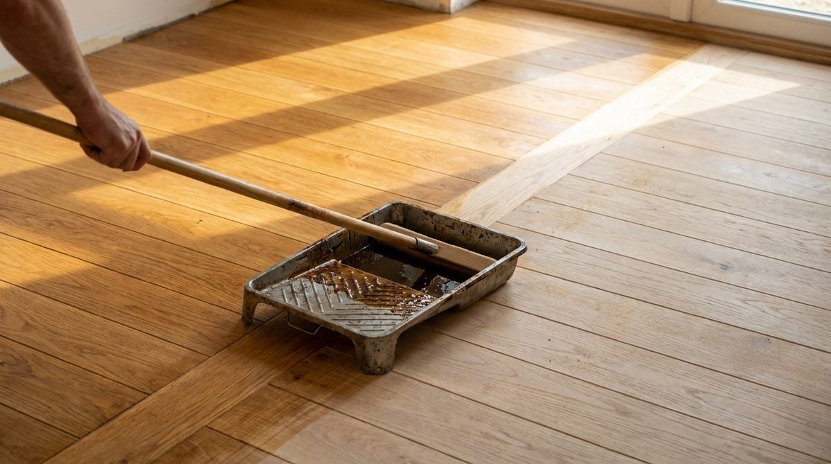Hardwax oil spread across a sanded oak floor, the oiled half darker than the raw half