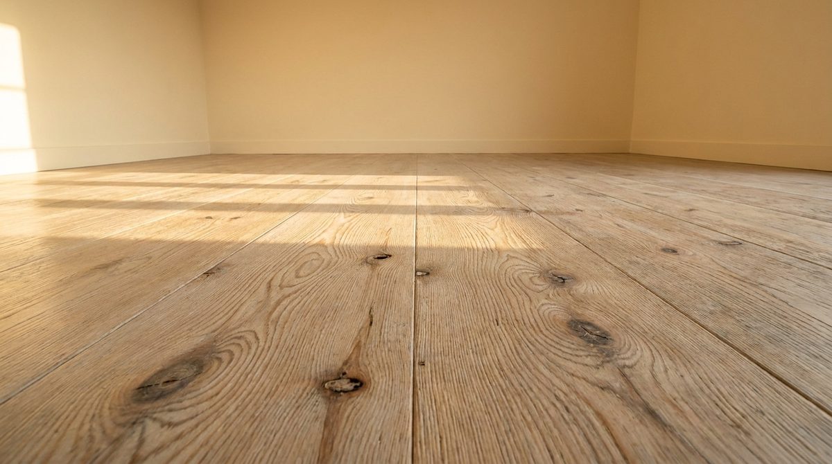 Very wide plank floor with cathedral figure in a plain white room