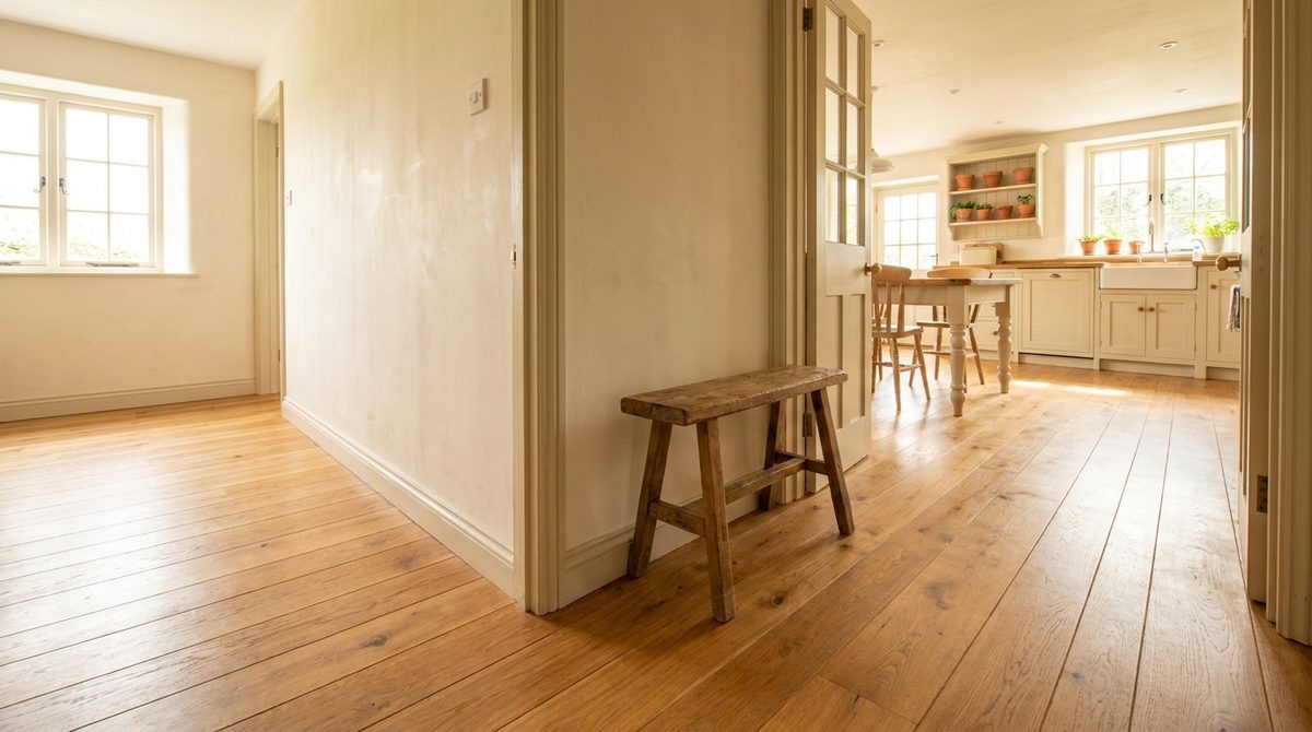 Wide rift oak boards running continuously from a hallway through into a kitchen
