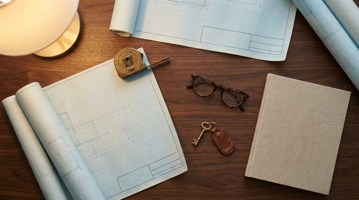 Architectural drawings, a brass tape measure, reading glasses, and a door key on a desk