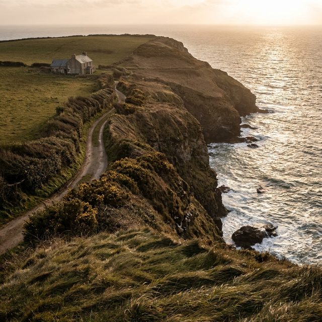 A high coastal cliff with a lane along the top and the ocean far below