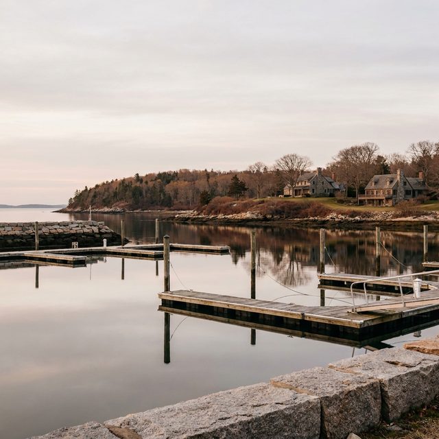 A sheltered deepwater harbour with timber jetties and a wooded headland