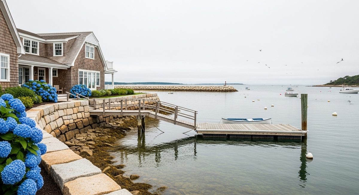 A cedar shingle waterfront house with a private timber dock on a calm harbour