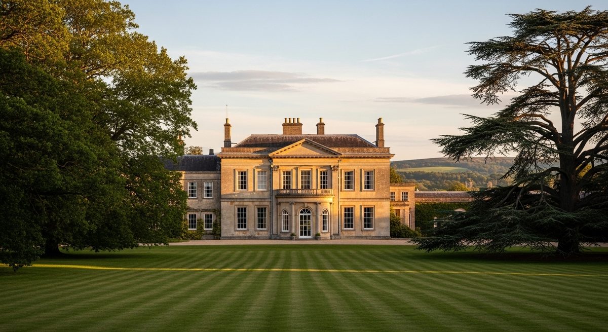 A Georgian stone manor house seen across parkland in evening light