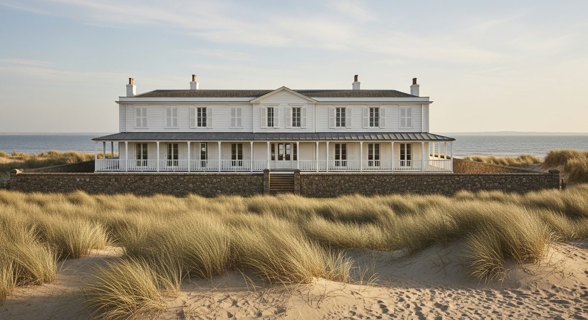A long white coastal house behind a low stone wall with dunes and open sea