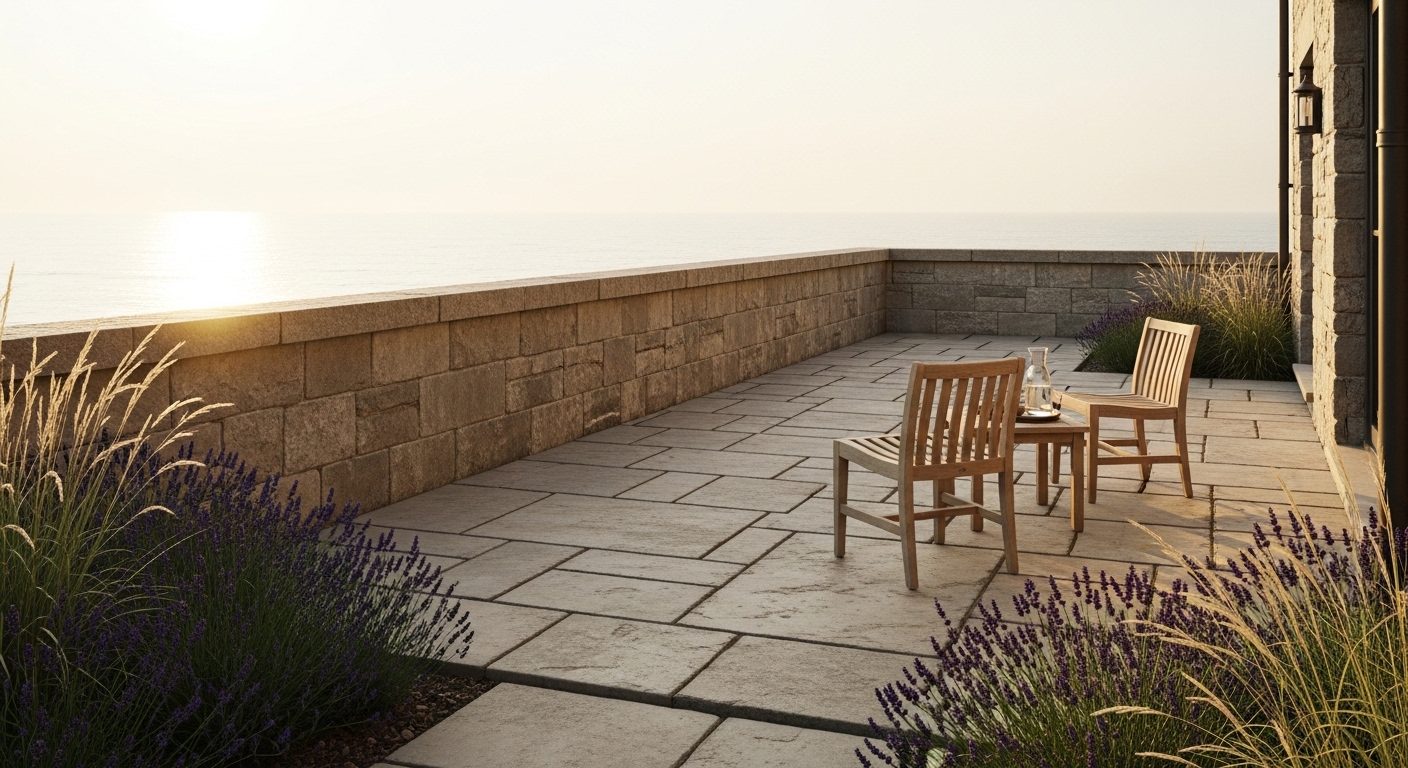 A stone terrace with teak chairs overlooking the ocean at golden hour